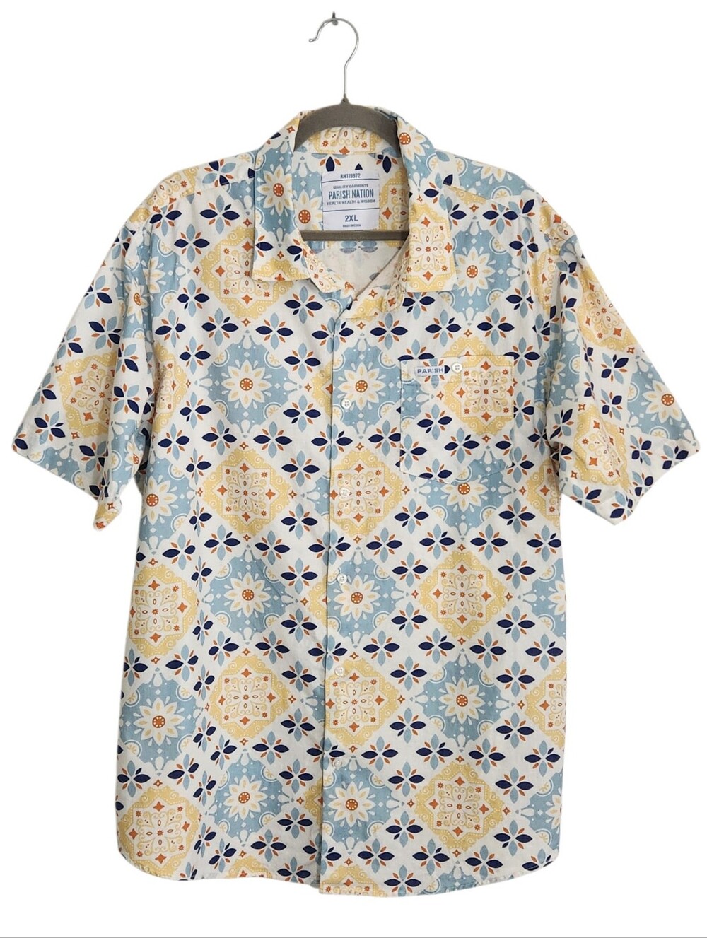 Parish Nation Blue and Yellow Medallion Print Button Up Shirt Size 2XL